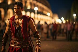 un calle ejecutante vestido como un romano gladiador un foto de un corredor corriendo mediante un ciudad parque ai generativo