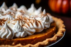 un imagen de un cerca arriba Disparo de un delicioso calabaza tarta ai generativo foto