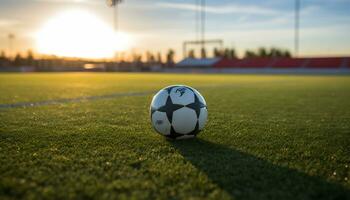 Photo of a ball in the middle of a soccer field Generative AI