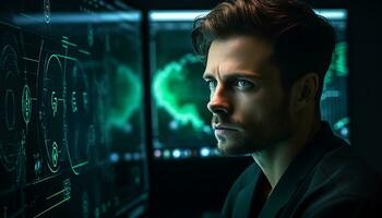 A male trader is monitoring a chart Generative AI photo