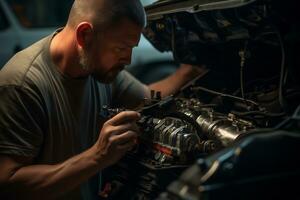 experto mecánico trabajando en automotor reparar tienda ai generativo foto