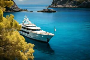 a luxury yacht anchored in the crystal clear water Generative AI photo