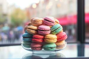 Colorful macarons are arranged in a shop display AI Generative photo