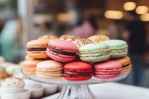 Colorful macarons are arranged in a shop display AI Generative photo