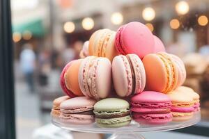 Colorful macarons are arranged in a shop display AI Generative photo