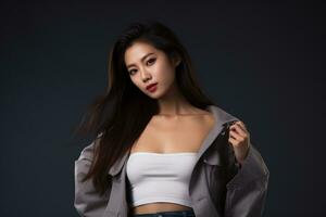 asian model in casual clothes posing in plain solid studio background Ai Generative photo
