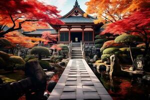 Kyoto temple adorned with vibrant autumn AI Generative photo