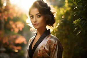 Asian girl wearing traditional outfit exudes natural beauty Generative AI photo