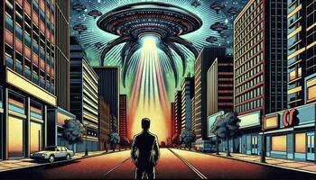 avanzado extraterrestre astronave flotando encima y vigas de ligero descendente hacia el edificios ai generativo foto
