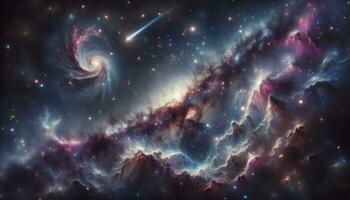 representación de el fascinante cosmos con nebulosas, estrellas, y un cometa. ai generativo foto