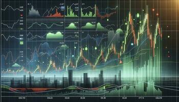 A detailed stock market graph on a digital interface, with financial district silhouettes in the background. AI Generative photo