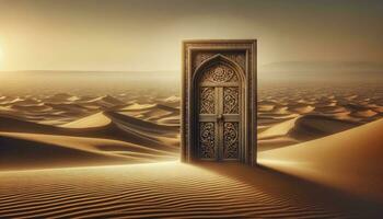 A vast desert landscape with golden sands and distant dunes. In the foreground, an intricately carved wooden door stands alone, slightly ajar, hinting at mysteries beyond. AI Generated photo