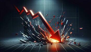 A 3D render showcasing a dramatic recession chart with a large falling red arrow crashing through the floor, set against a dark background. AI Generative photo