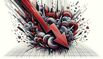 A stylized recession chart with a bold red arrow plummeting downwards, surrounded by abstract elements like shattered glass, set against a stark white background. AI Generative photo