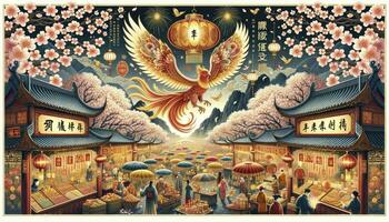 Poster with a phoenix, cherry blossoms, and a festive market scene. AI Generative photo