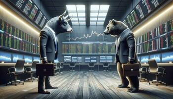 A realistic render of a bull and a bear in a modern trading room setting, embodying the constant battle between bullish and bearish trends. AI Generative photo