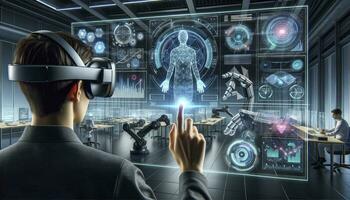 A depiction of a futuristic setting where an individual uses an augmented reality headset, surrounded by dynamic digital interfaces and innovative tech. AI Generative photo