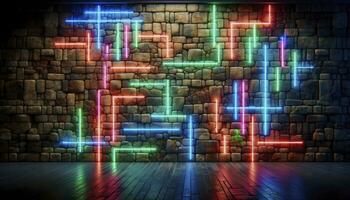 Howing a rugged, un-plastered brick wall illuminated by abstract neon lights. AI Generative photo