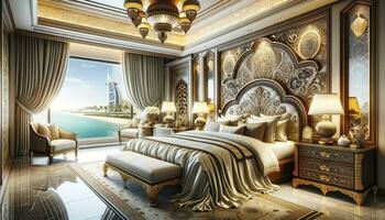 A luxurious bedroom interior reflects Dubai's cultural heritage and offers a beach view. AI Generative photo