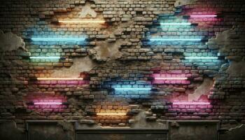 A style representation of a weathered brick wall with embedded neon lights, casting a vibrant glow. AI Generative photo