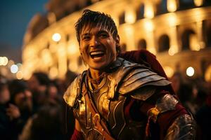 un calle ejecutante vestido como un romano gladiador un foto de un corredor corriendo mediante un ciudad parque ai generativo