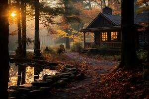 amanecer terminado un bosque paisaje con otoño follaje ai generativo foto