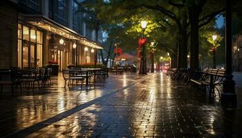 sidewalk at night after rain with wet streets Ai Generative photo