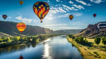 hot air balloon over a landscape of rivers and mountains Generative AI photo