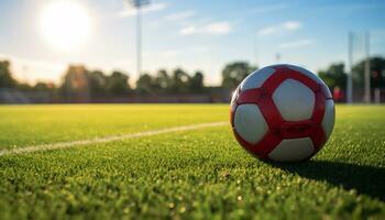 Photo of a ball in the middle of a soccer field Generative AI