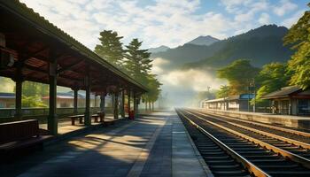 a quiet train station with a backdrop of mountains and pine trees Ai Generative photo