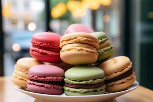 Colorful macarons are arranged in a shop display AI Generative photo