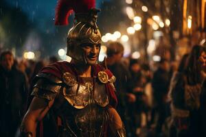 un calle ejecutante vestido como un romano gladiador un foto de un corredor corriendo mediante un ciudad parque ai generativo