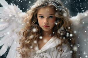 inocente joven niña con largo rubio pelo con ángel ala ai generativo foto
