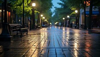 sidewalk at night after rain with wet streets Ai Generative photo