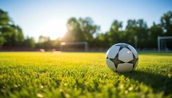 Photo of a ball in the middle of a soccer field Generative AI