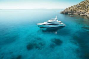 a luxury yacht anchored in the crystal clear water Generative AI photo