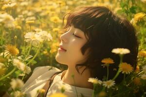 Asian girl lying in a meadow full of flowers Generative AI photo