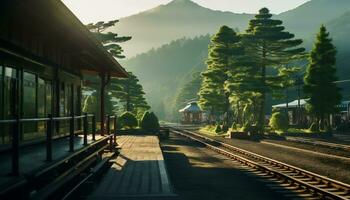 a quiet train station with a backdrop of mountains and pine trees Ai Generative photo