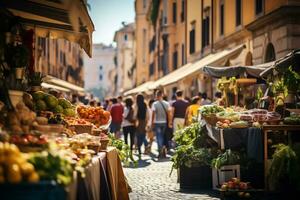 un foto de un bullicioso calle mercado en Roma ai generativo