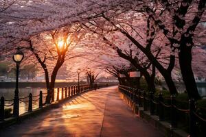 Cereza florecer parque durante puesta de sol ai generativo foto