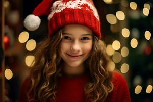 alegre niña disfrutando Navidad celebracion en invierno atuendo ai generativo foto