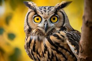 Owl perched on a tree branch in nature Generative AI photo