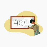 404 error page with vector illustration of man writing on whiteboard on white background.