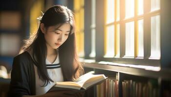 asiático niña leyendo un libro en el biblioteca foto