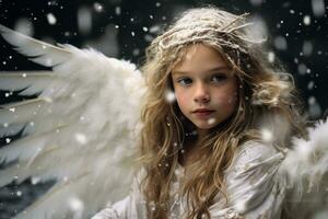 inocente joven niña con largo rubio pelo con ángel ala ai generativo foto