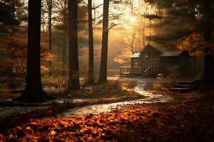 amanecer terminado un bosque paisaje con otoño follaje ai generativo foto