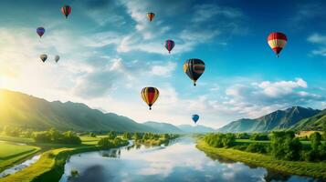 caliente aire globo terminado un paisaje de ríos y montañas generativo ai foto