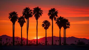 dramatic palm tree silhouette of desert sunset Generative AI photo