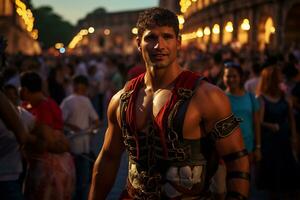 un calle ejecutante vestido como un romano gladiador un foto de un corredor corriendo mediante un ciudad parque ai generativo