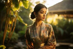 Asian girl wearing traditional outfit exudes natural beauty Generative AI photo